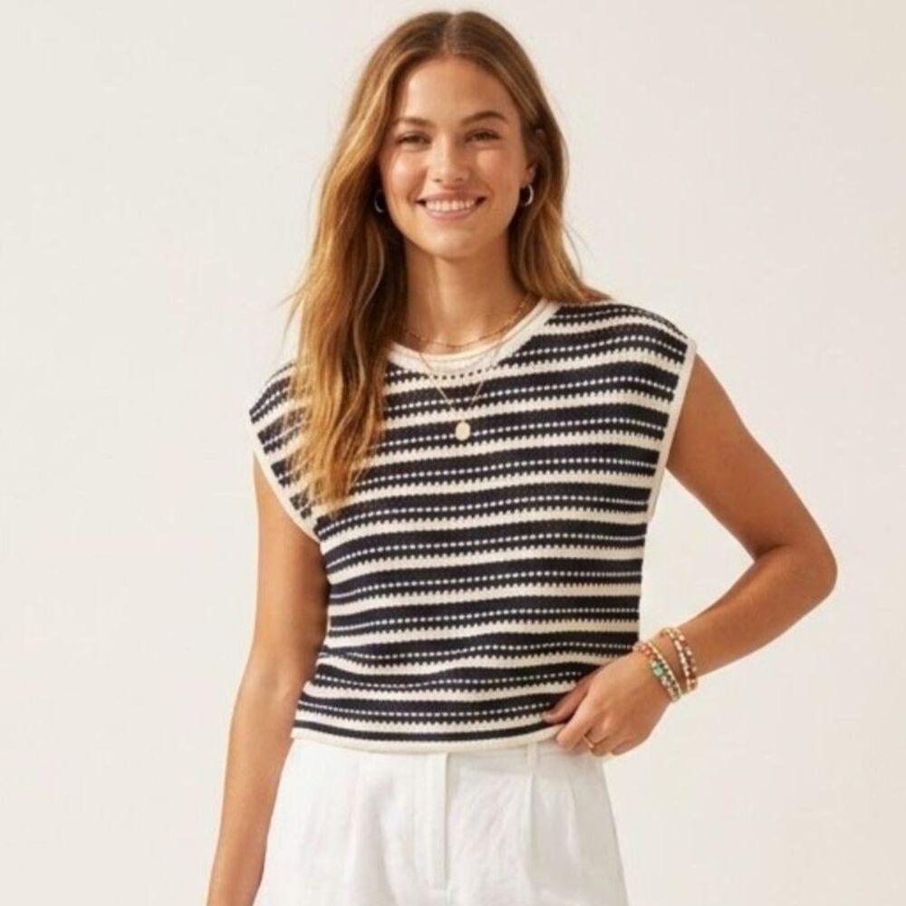 Joie Sequin Striped Crochet Crew Neck Preppy Crew Neck Nautical Sweater SZ M
